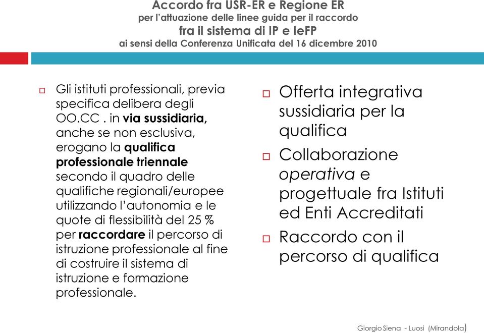 in via sussidiaria, anche se non esclusiva, erogano la qualifica professionale triennale secondo il quadro delle qualifiche regionali/europee utilizzando l autonomia e le quote di