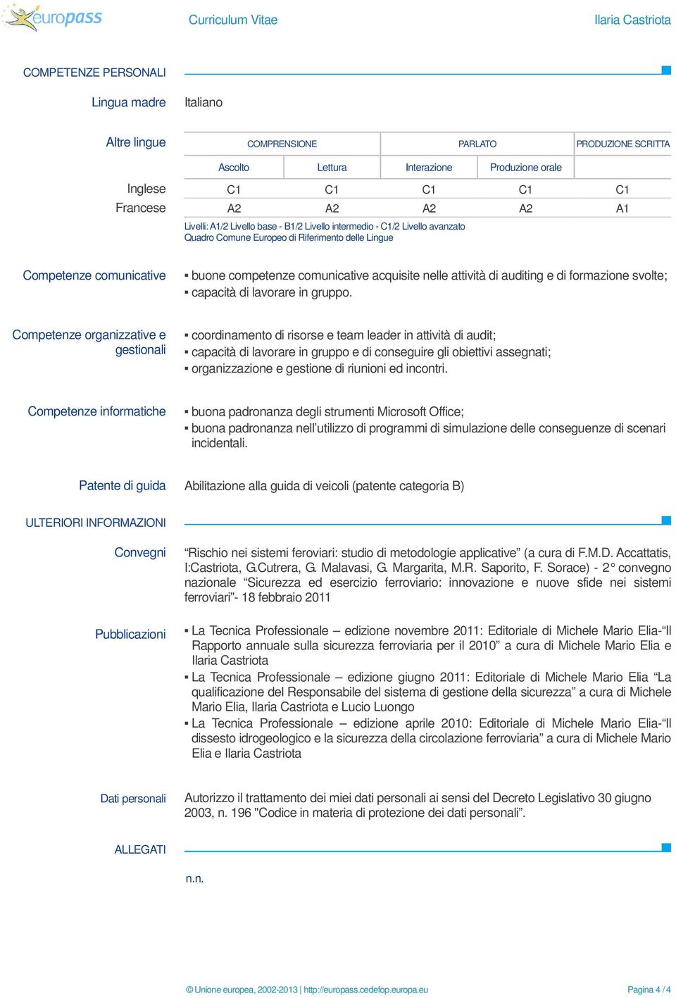 auditing e di formazione svolte; capacità di lavorare in gruppo.