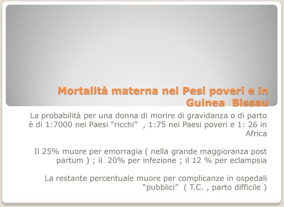 muore per emorragia ( nella grande maggioranza post partum ) ; il 20% per infezione ; il 12 % per