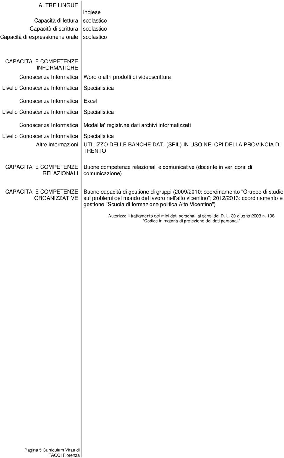 ne dati archivi informatizzati UTILIZZO DELLE BANCHE DATI (SPIL) IN USO NEI CPI DELLA PROVINCIA DI TRENTO RELAZIONALI Buone competenze relazionali e comunicative (docente in vari corsi di