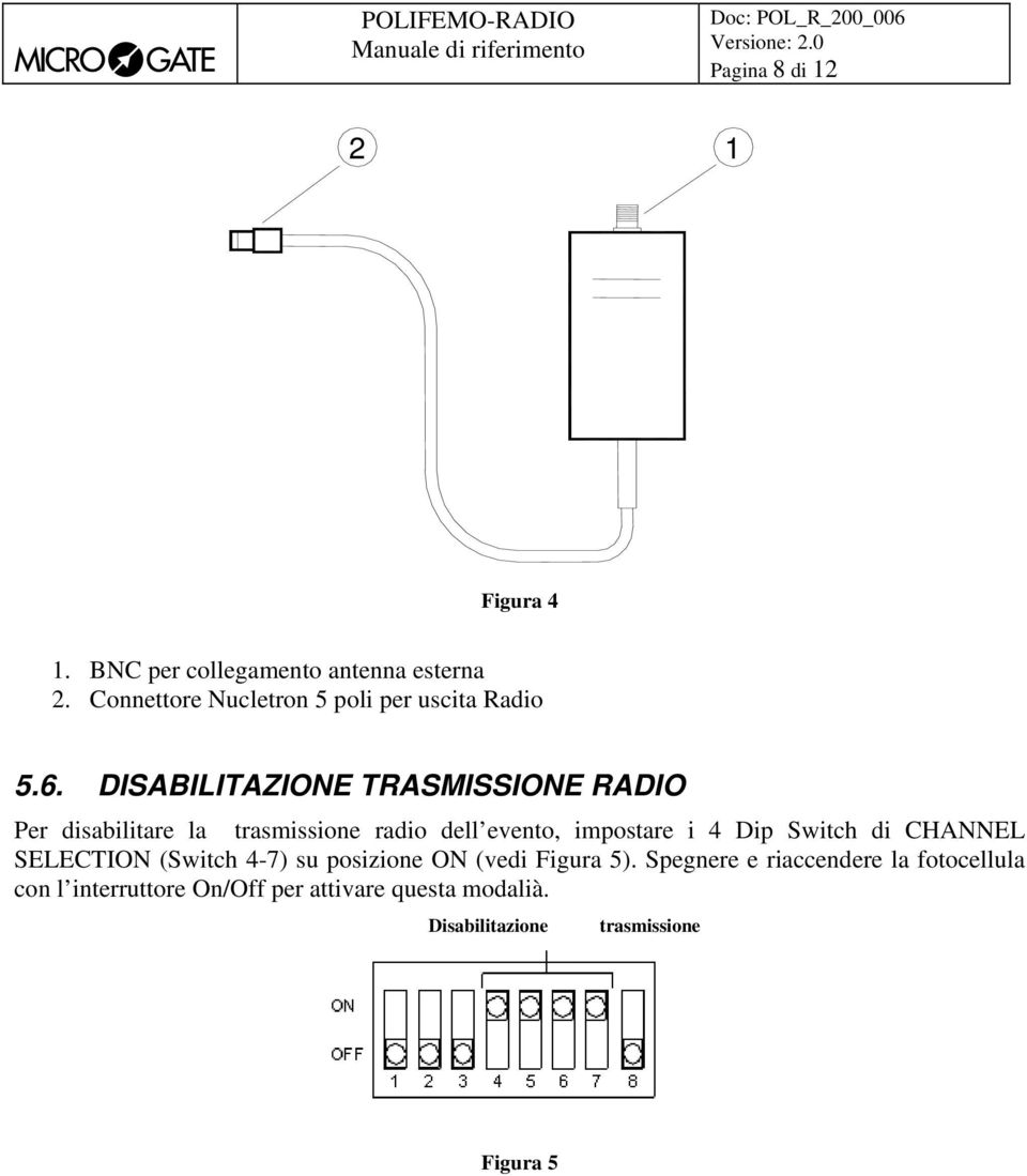 DISABILITAZIONE TRASMISSIONE RADIO Per disabilitare la trasmissione radio dell evento, impostare i 4 Dip