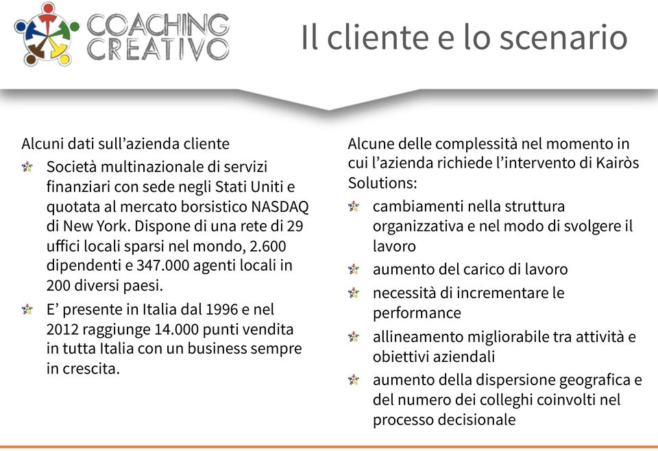 000 punti vendita in tutta Italia con un business sempre in crescita. Alcune delle complessità nel momento in cui l azienda richiede l intervento di Kairòs Solutions:!