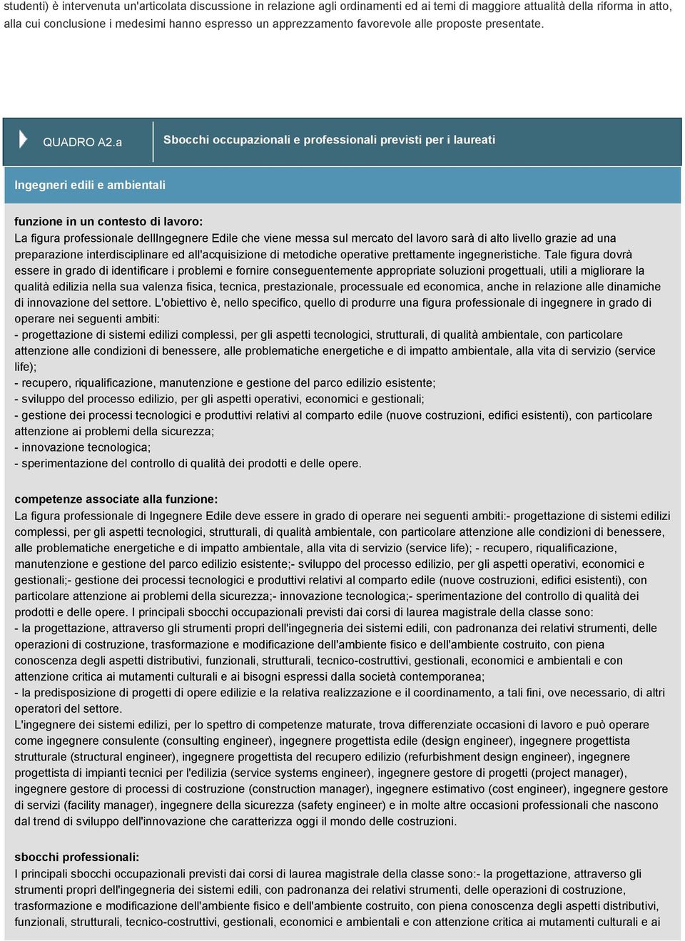 a Sbocchi occupazionali e professionali previsti per i laureati Ingegneri edili e ambientali funzione in un contesto di lavoro: La figura professionale dellingegnere Edile che viene messa sul mercato