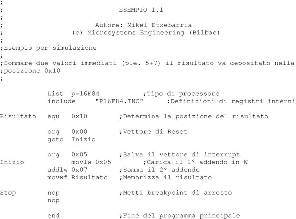 interrupt Inizio movlw 0x05 Carica il 1 addo in W addlw 0x07 Somma il 2º addo movwf Risultato Memorizza il risultato Stop nop Metti