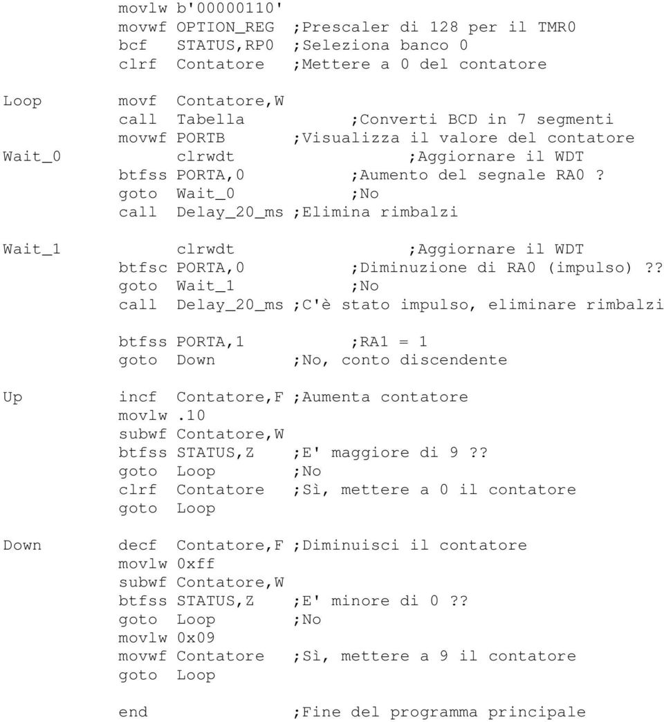 goto Wait_0 No call Delay_20_ms Elimina rimbalzi Wait_1 clrwdt Aggiornare il WDT btfsc PORTA,0 Diminuzione di RA0 (impulso)?