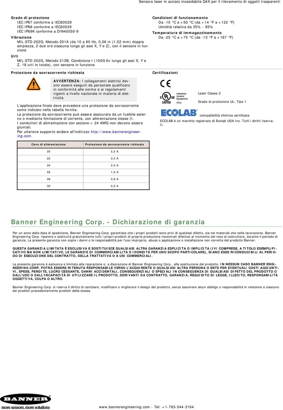 Condizioni di funzionamento Da -10 C a +50 C (da +14 F a +122 F) Umidità relativa da 35% - 95% Temperatura di immagazzinamento Da -25 C a +75 C (da -13 F a +167 F) Protezione da sovracorrente