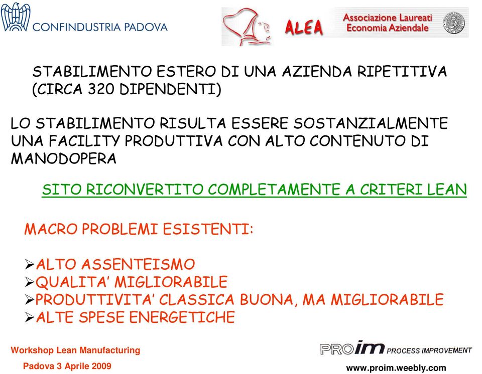 SITO RICONVERTITO COMPLETAMENTE A CRITERI LEAN MACRO PROBLEMI ESISTENTI: ALTO