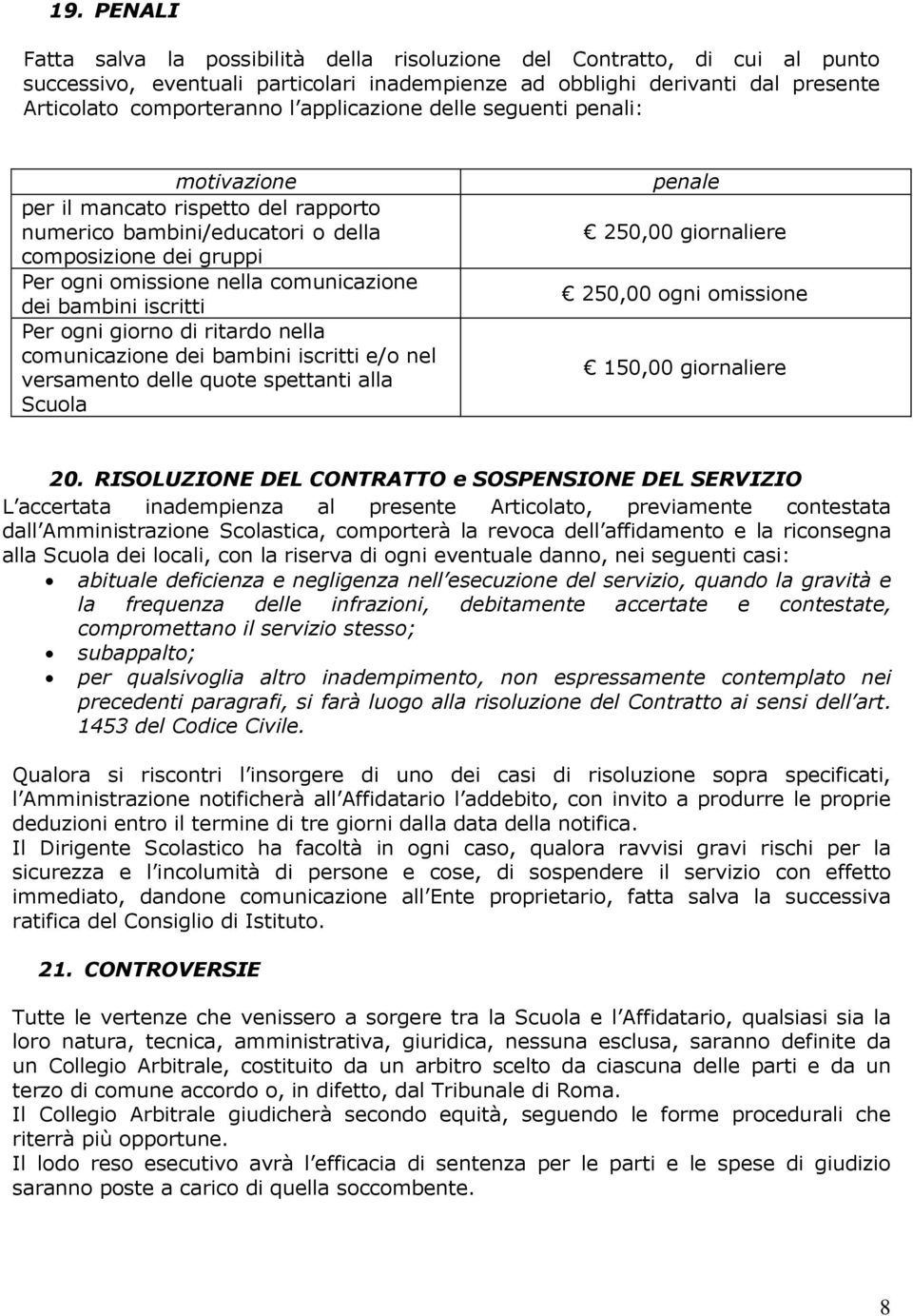 iscritti Per ogni giorno di ritardo nella comunicazione dei bambini iscritti e/o nel versamento delle quote spettanti alla Scuola penale 250,00 giornaliere 250,00 ogni omissione 150,00 giornaliere 20.