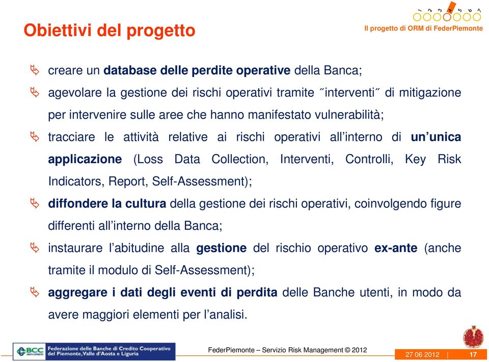 Risk Indicators, Report, Self-Assessment); diffondere la cultura della gestione dei rischi operativi, coinvolgendo figure differenti all interno della Banca; instaurare l abitudine alla gestione del