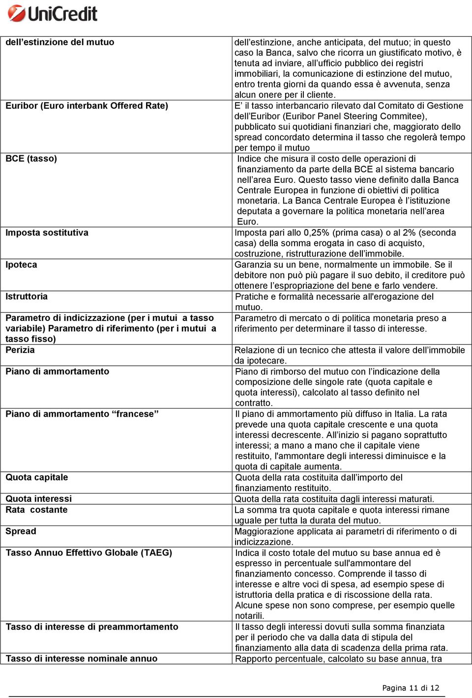 interesse di preammortamento Tasso di interesse nominale annuo dell estinzione, anche anticipata, del mutuo; in questo caso la Banca, salvo che ricorra un giustificato motivo, è tenuta ad inviare,