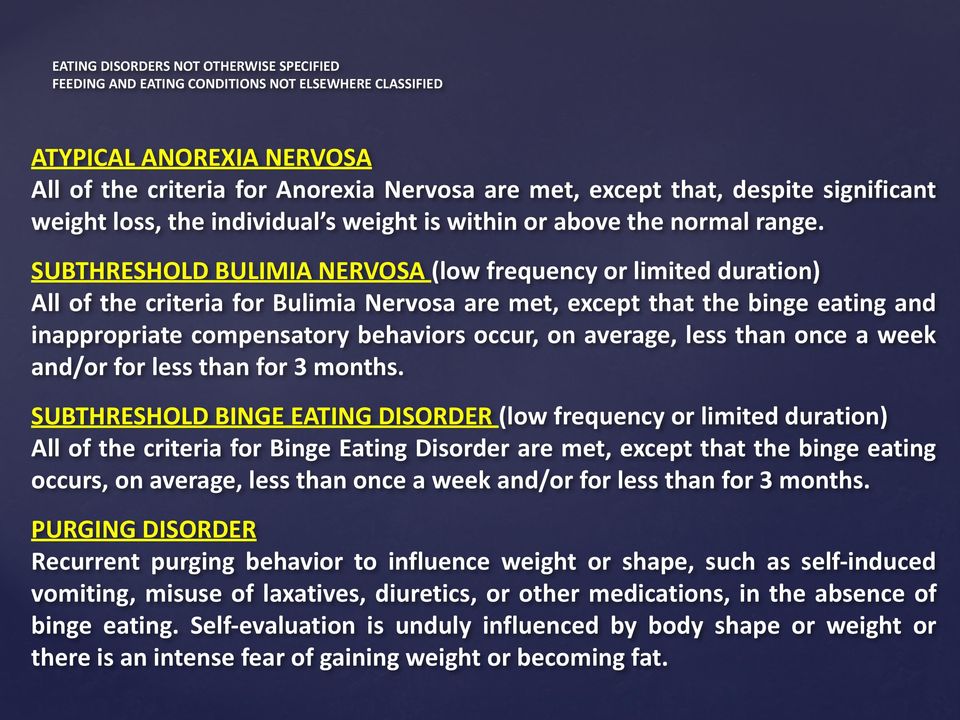 SUBTHRESHOLD BULIMIA NERVOSA (low frequency or limited duration) All of the criteria for Bulimia Nervosa are met, except that the binge eating and inappropriate compensatory behaviors occur, on