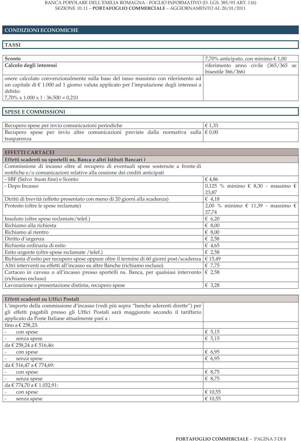 500 = 0,210 SPESE E COMMISSIONI Recupero spese per invio comunicazioni periodiche 1,33 Recupero spese per invio altre comunicazioni previste dalla normativa sulla 0,00 trasparenza EFFETTI CARTACEI