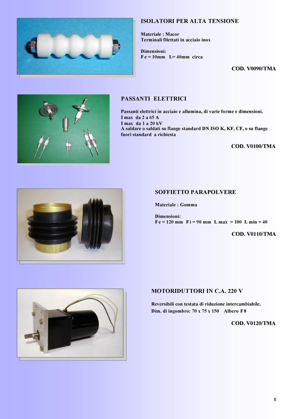 I max da 2 a 65 A I max da 1 a 20 kv A saldare o saldati su flange standard DN ISO K, KF, CF, o su flange fuori standard a richiesta COD.