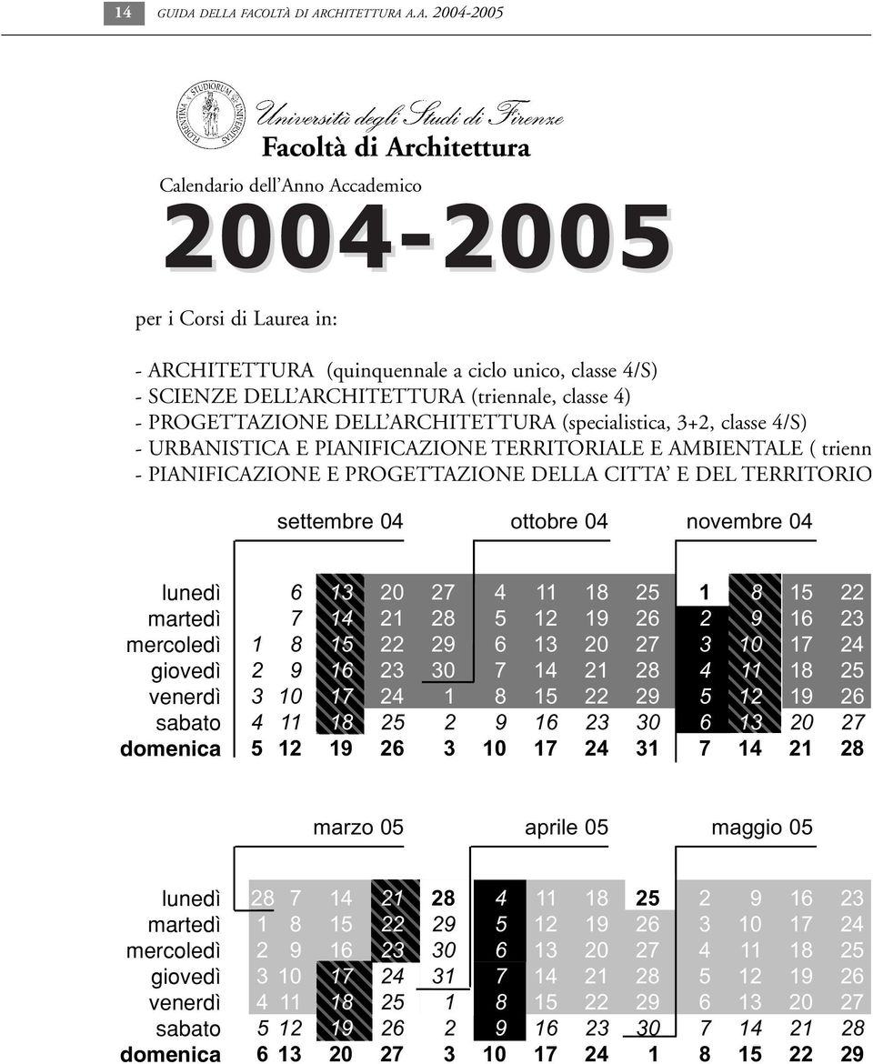 FACOLTÀ DI ARCHITETTURA A.A. 2004-2005 Facoltà di Architettura Calendario dell Anno Accademico 2004-2005 per i Corsi di Laurea in: - ARCHITETTURA (quinquennale a ciclo unico, classe 4/S) - SCIENZE