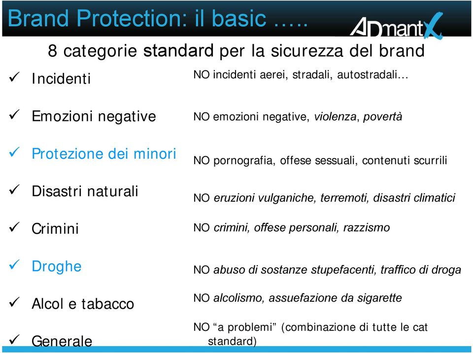 negative, violenza, povertà Protezione dei minori NO pornografia, offese sessuali, contenuti scurrili Disastri naturali NO eruzioni