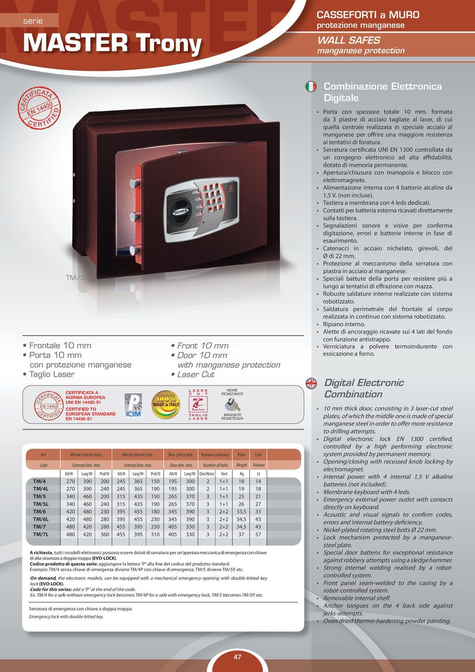 34,5 43 TM/7L 480 420 360 455 395 310 405 330 3 2+2 37 57 A richiesta, tutti i modelli elettronici possono essere dotati di serratura per un apertura meccanica di emergenza con chiave di alta