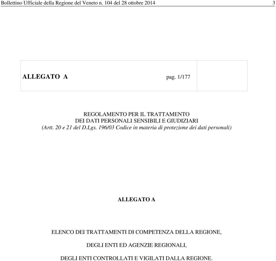 Lgs. 196/03 Codice in materia di protezione dei dati personali) ALLEGATO A ELENCO DEI TRATTAMENTI