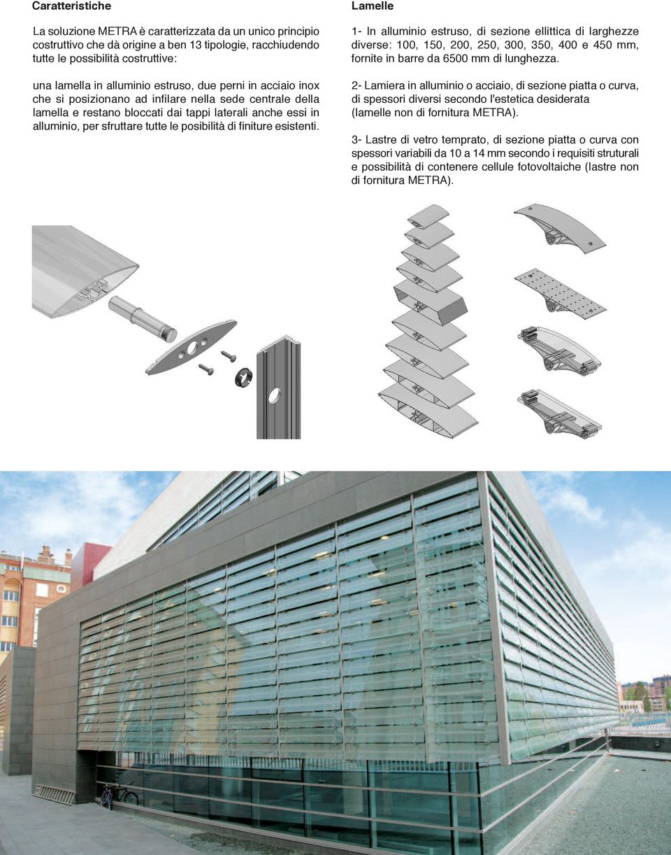finiture esistenti. Lamelle 1- In alluminio estruso, di sezione ellittica di larghezze diverse: 100, 150, 200, 250, 300, 350, 400 e 450 mm, fornite in barre da 6500 mm di lunghezza.