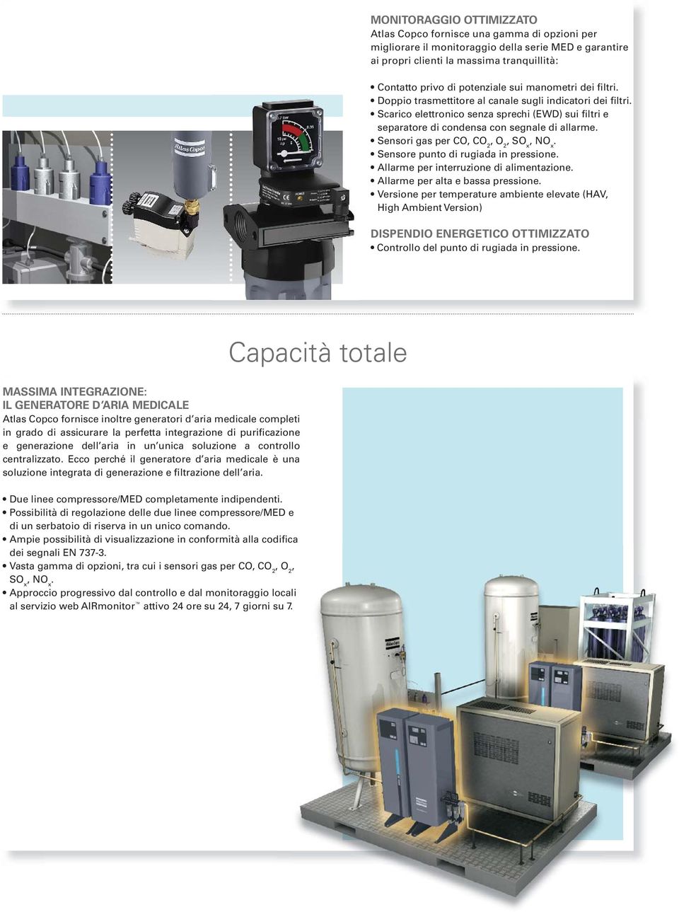 Sensori gas per C,, 2, S x, N x. Sensore punto di rugiada in pressione. Allarme per interruzione di alimentazione. Allarme per alta e bassa pressione.