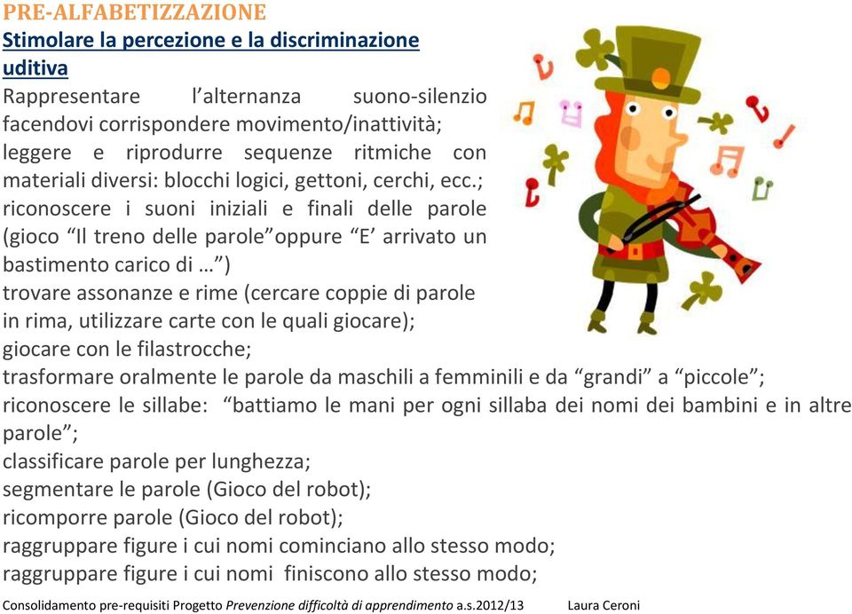 ; riconoscere i suoni iniziali e finali delle parole (gioco Il treno delle parole oppure E arrivato un bastimento carico di ) trovare assonanze e rime (cercare coppie di parole in rima, utilizzare