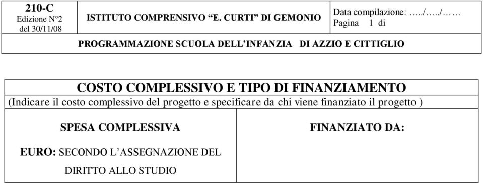 AZZIO E CITTIGLIO COSTO COMPLESSIVO E TIPO DI FINANZIAMENTO (Indicare il costo