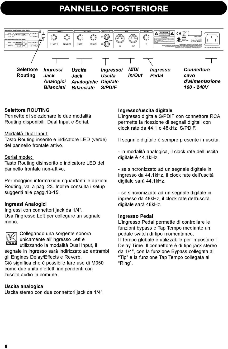 Modalità Dual Input: Tasto Routing inserito e indicatore LED (verde) del pannello frontale attivo. Serial mode: Tasto Routing disinserito e indicatore LED del pannello frontale non-attivo.