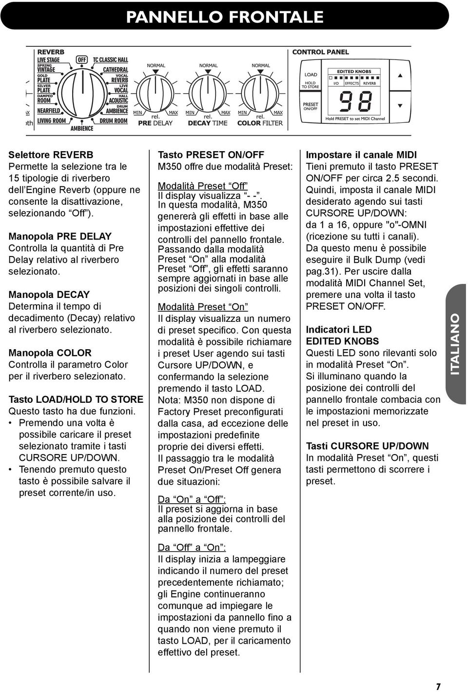 Manopola COLOR Controlla il parametro Color per il riverbero selezionato. Tasto LOAD/HOLD TO STORE Questo tasto ha due funzioni.