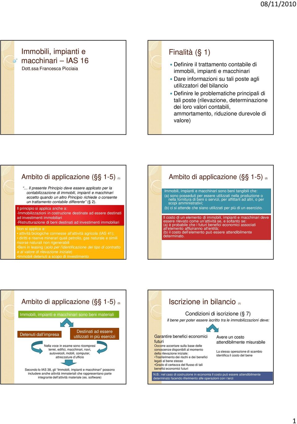 ssa Francesca Picciaia Ambito di applicazione ( ( 1-5) Il presente Principio deve essere applicato per la contabilizzazione di immobili, impianti e macchinari eccetto quando un altro Principio