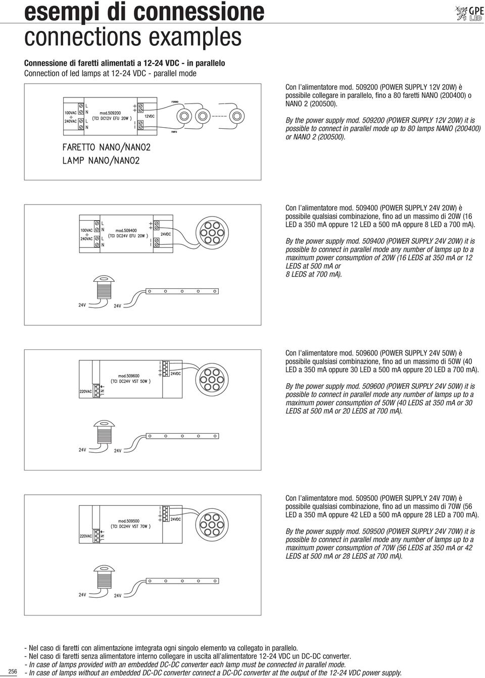 509200 (POWER SUPPLY 12V 20W) it is possible to connect in parallel mode up to 80 lamps NANO (200400) or NANO 2 (200500). Con l alimentatore mod.