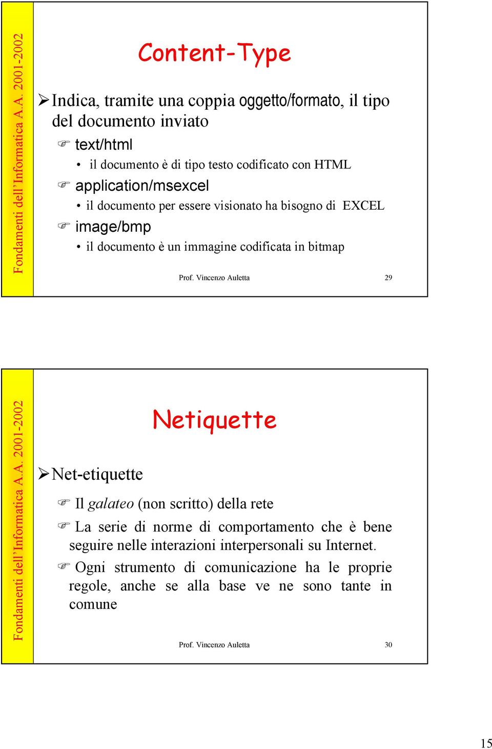 Vincenzo Auletta 29 Net-etiquette Netiquette Il galateo (non scritto) della rete La serie di norme di comportamento che è bene seguire nelle