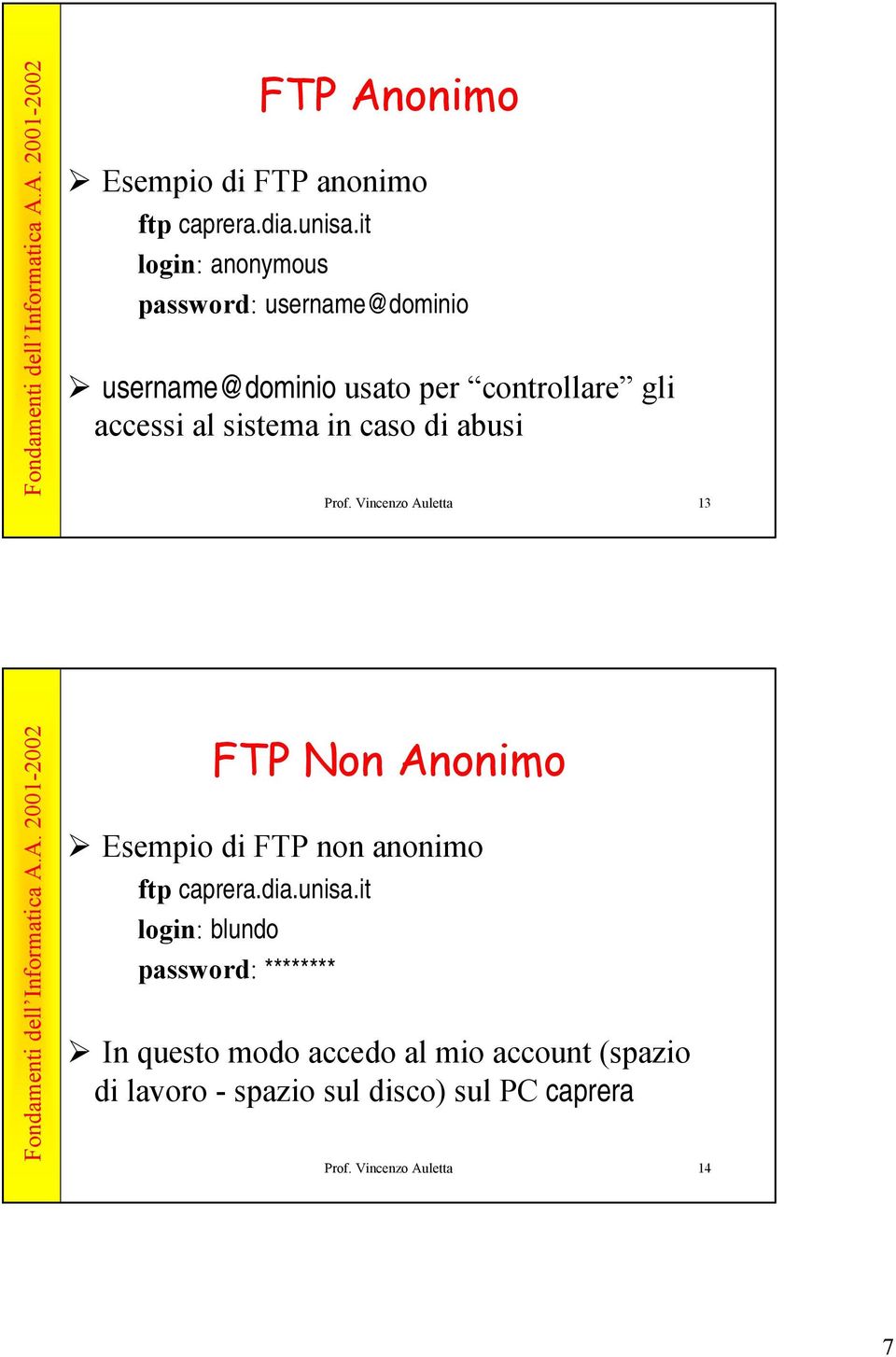 sistema in caso di abusi Prof. Vincenzo Auletta 13 FTP Non Anonimo Esempio di FTP non anonimo ftp caprera.