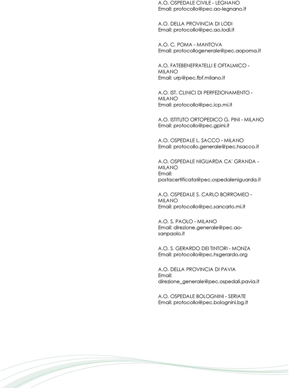 ospedaleniguarda.it A.O. OSPEDALE S. CARLO BORROMEO - protocollo@pec.sancarlo.mi.it A.O. S. PAOLO - direzione.generale@pec.aosanpaolo.it A.O. S. GERARDO DEI TINTORI - MONZA protocollo@pec.hsgerardo.