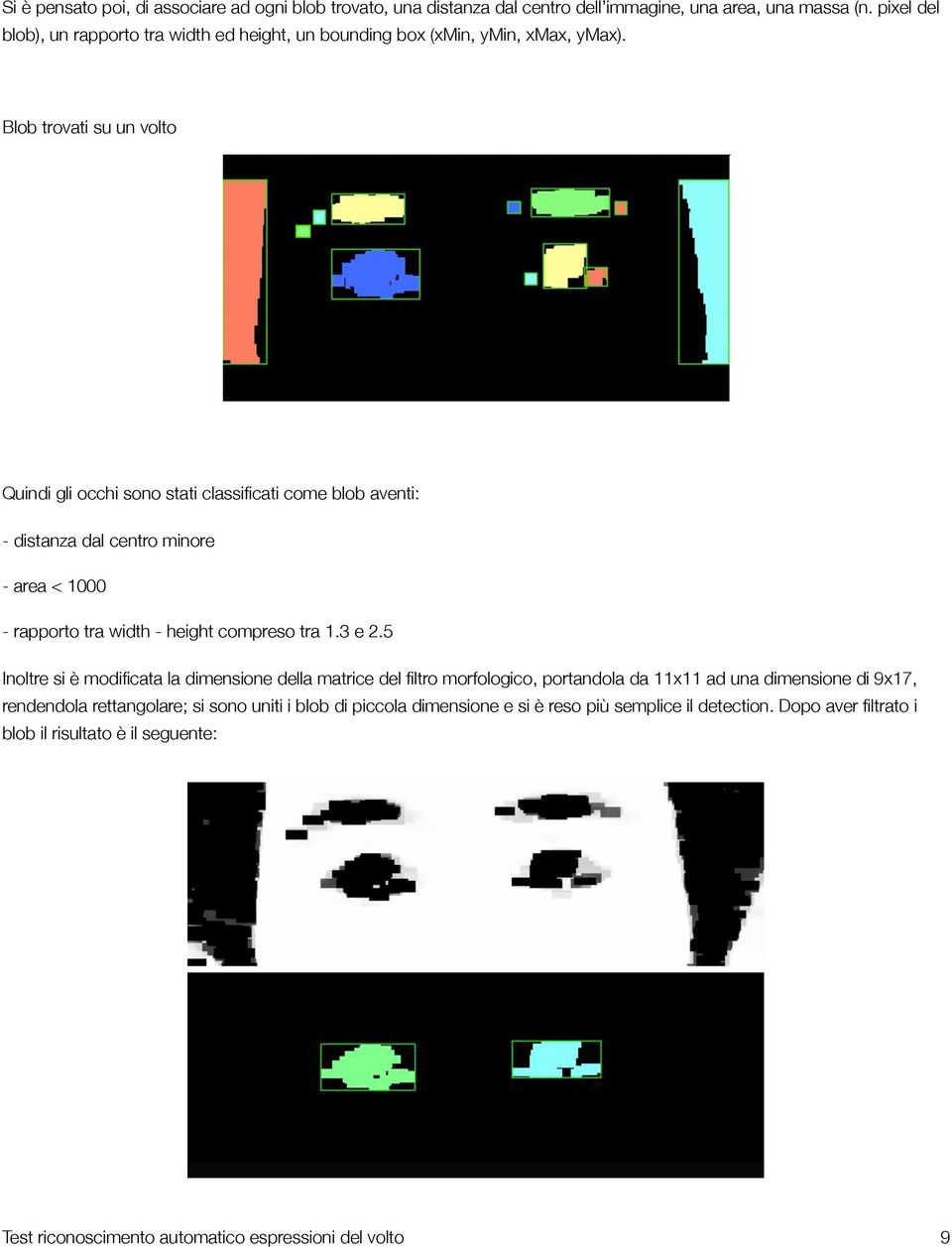 Blob trovati su un volto Quindi gli occhi sono stati classificati come blob aventi: - distanza dal centro minore - area < 1000 - rapporto tra width - height compreso tra 1.3 e 2.