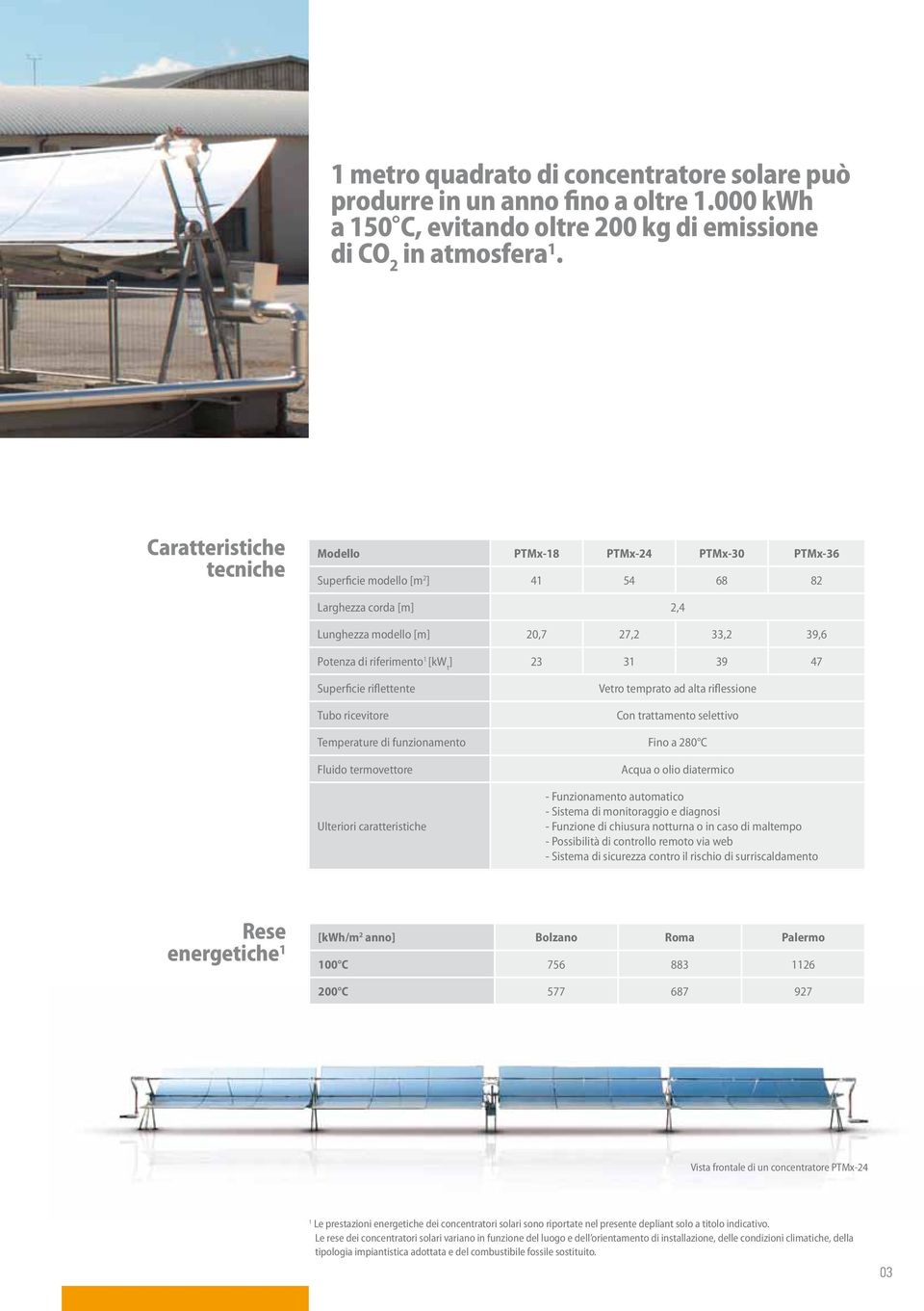 ] 23 31 39 47 Superficie riflettente Tubo ricevitore Vetro temprato ad alta riflessione Con trattamento selettivo Temperature di funzionamento Fino a 280 C Fluido termovettore Ulteriori