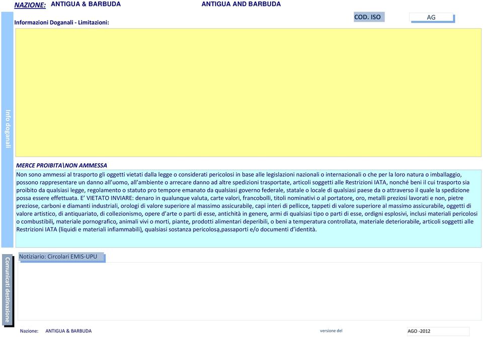 spedizioni trasportate, articoli soggetti alle Restrizioni IATA, nonché beni il cui trasporto sia proibito da qualsiasi legge, regolamento o statuto pro tempore emanato da qualsiasi governo federale,