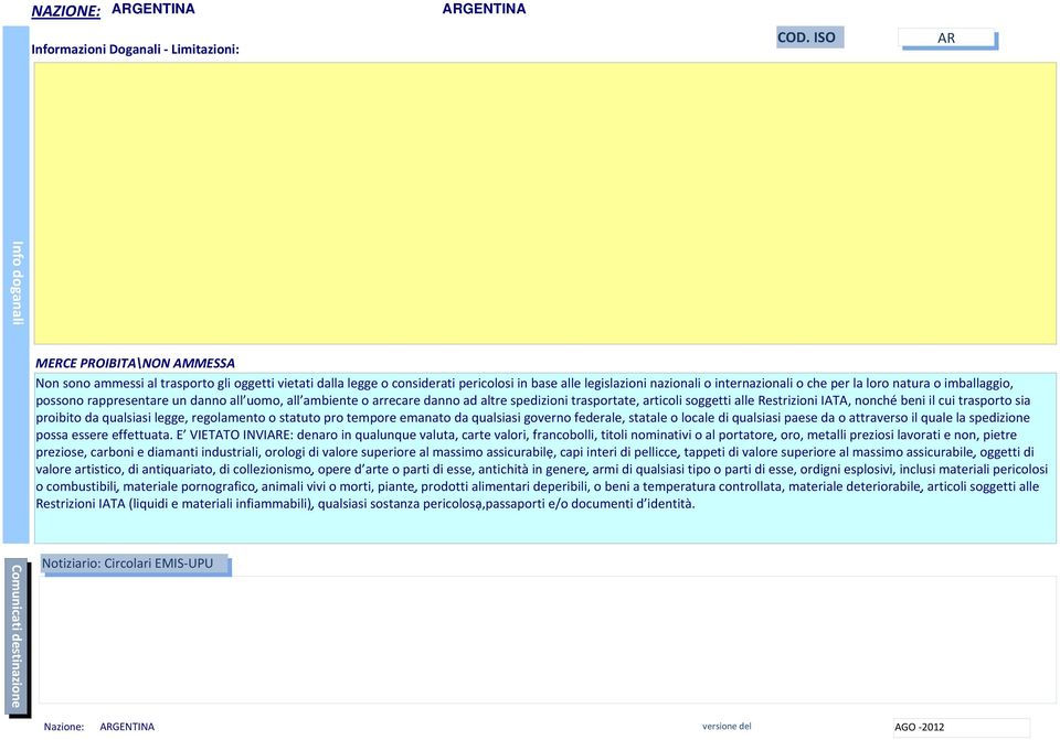 articoli soggetti alle Restrizioni IATA, nonché beni il cui trasporto sia proibito da qualsiasi legge, regolamento o statuto pro tempore emanato da qualsiasi governo federale, statale o locale di