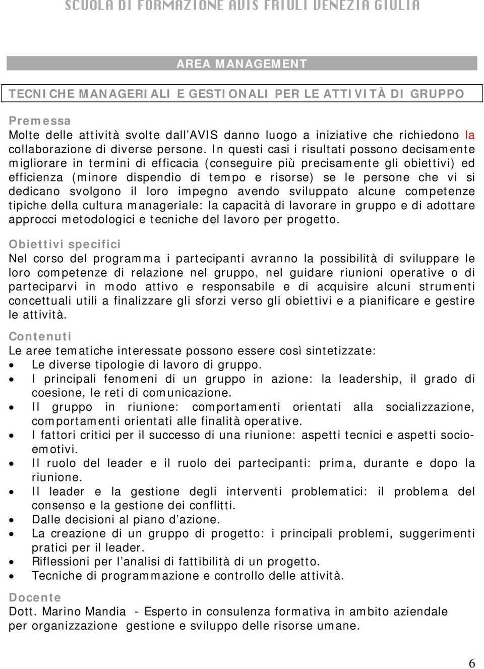 si dedicano svolgono il loro impegno avendo sviluppato alcune competenze tipiche della cultura manageriale: la capacità di lavorare in gruppo e di adottare approcci metodologici e tecniche del lavoro