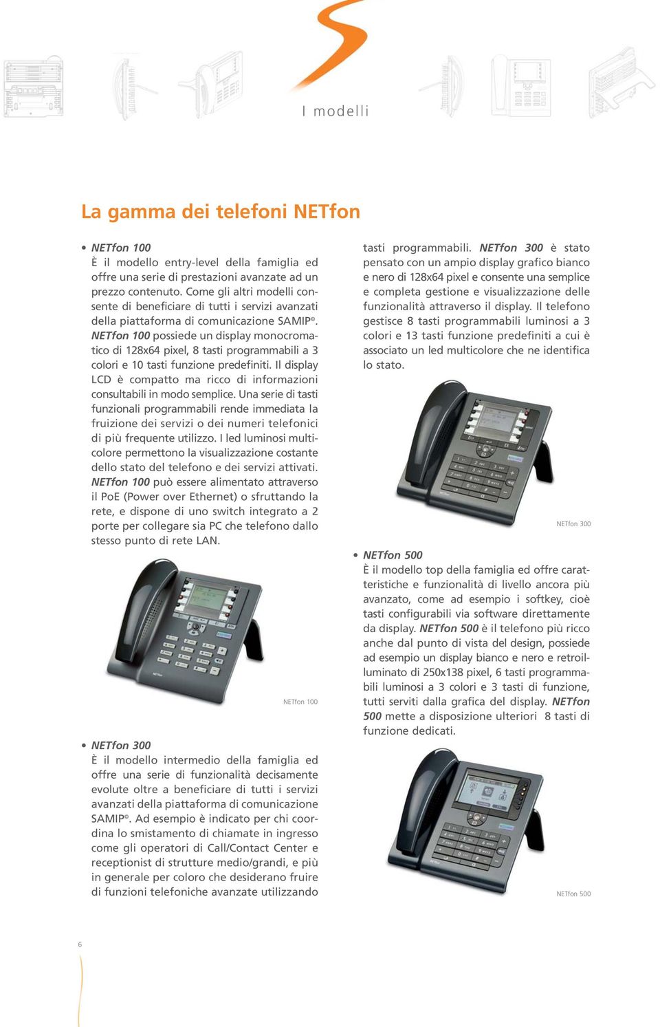 NETfon 100 possiede un display monocromatico di 128x64 pixel, 8 tasti programmabili a 3 colori e 10 tasti funzione predefiniti.