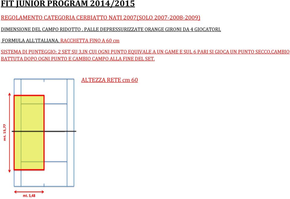 RACCHETTA FINO A 60 cm SISTEMA DI PUNTEGGIO: 2 SET SU 3,IN CUI OGNI PUNTO EQUIVALE A UN GAME E SUL 6