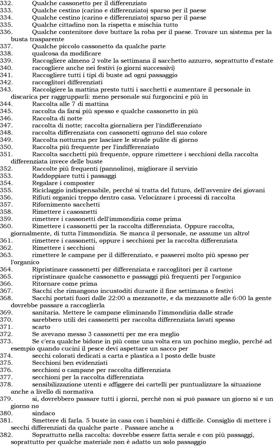 Qualche piccolo cassonetto da qualche parte 338. qualcosa da modificare 339. Raccogliere almeno 2 volte la settimana il sacchetto azzurro, soprattutto d'estate 340.