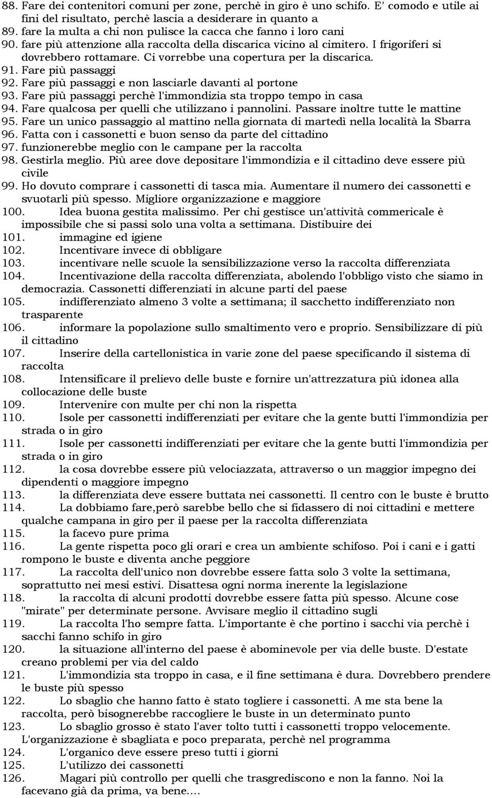 Ci vorrebbe una copertura per la discarica. 91. Fare più passaggi 92. Fare più passaggi e non lasciarle davanti al portone 93. Fare più passaggi perchè l'immondizia sta troppo tempo in casa 94.