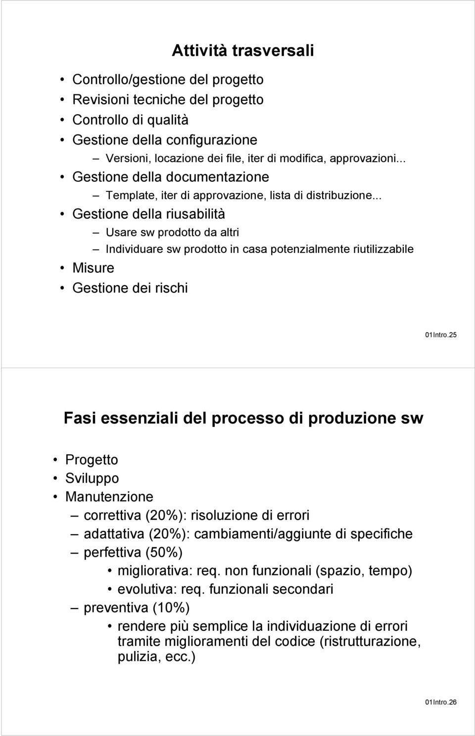 .. Gestione della riusabilità Usare sw prodotto da altri Individuare sw prodotto in casa potenzialmente riutilizzabile Misure Gestione dei rischi 01Intro.