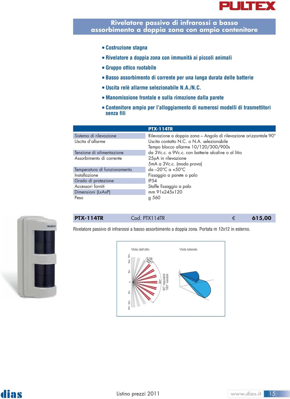 Manomissione frontale e sulla rimozione dalla parete Contenitore ampio per l alloggiamento di numerosi modelli di trasmettitori senza fili PTX-114TR Rilevazione a doppia zona Angolo di rilevazione