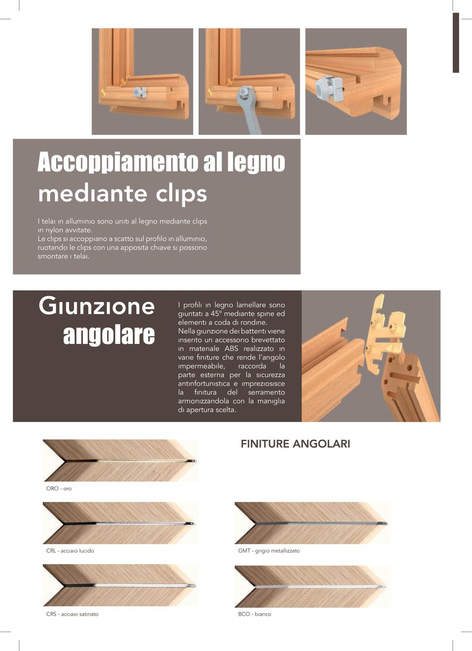 giunzione angolare I proili in legno lamellare sono giuntati a 45 mediante spine ed elementi a coda di rondine.