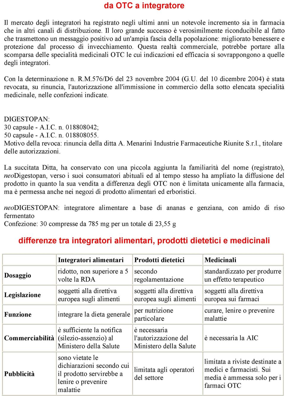 invecchiamento. Questa realtà commerciale, potrebbe portare alla scomparsa delle specialità medicinali OTC le cui indicazioni ed efficacia si sovrappongono a quelle degli integratori.