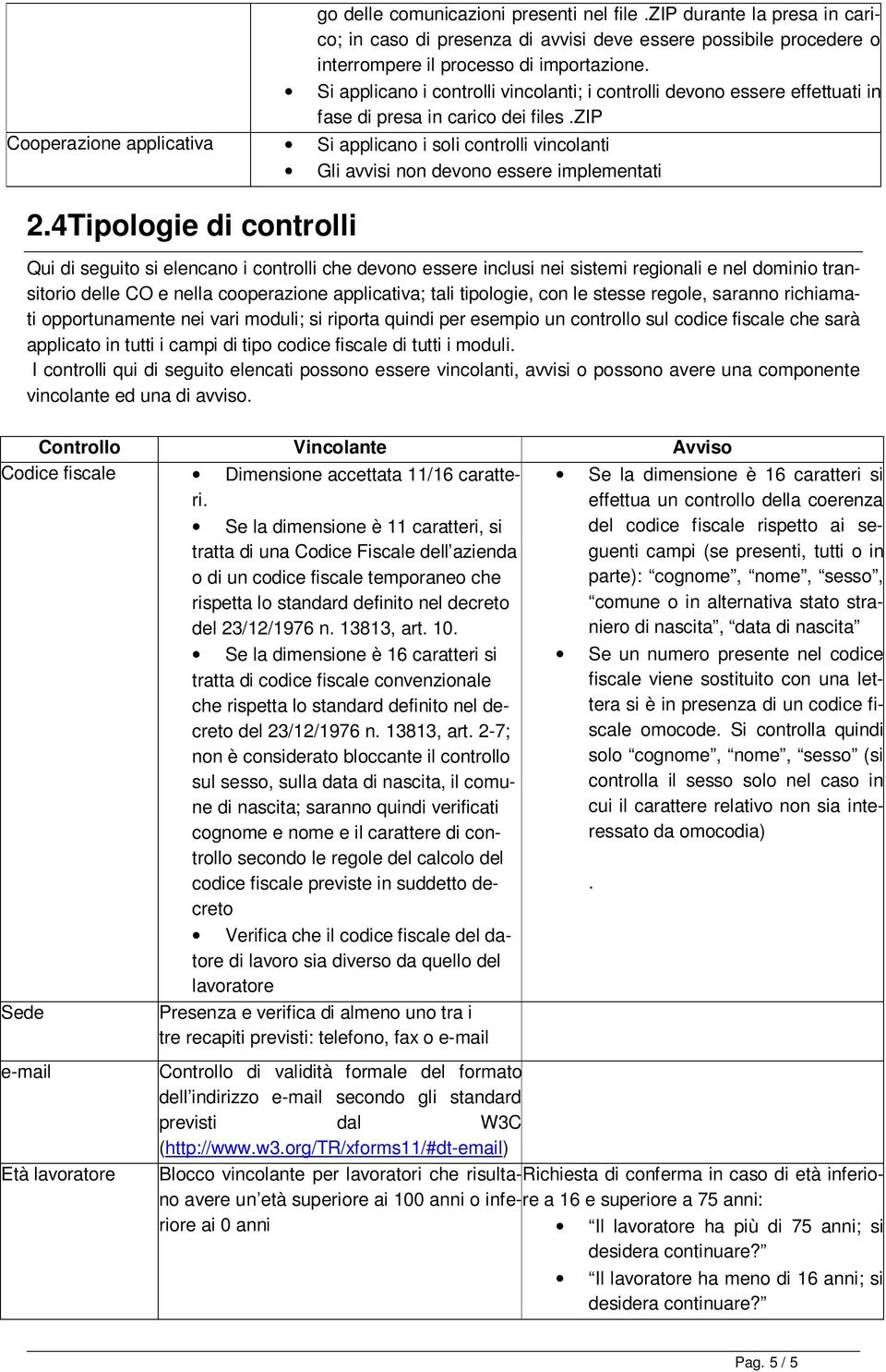 zip Cooperazione applicativa Si applicano i soli controlli vincolanti Gli avvisi non devono essere implementati 2.