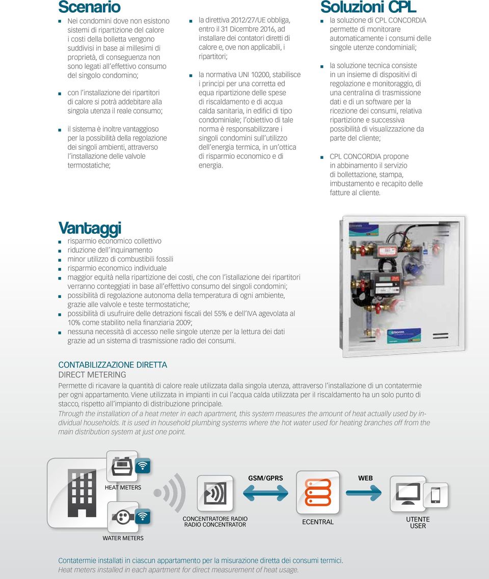 regolazione dei singoli ambienti, attraverso l installazione delle valvole termostatiche; la direttiva 2012/27/UE obbliga, entro il 31 Dicembre 2016, ad installare dei contatori diretti di calore e,