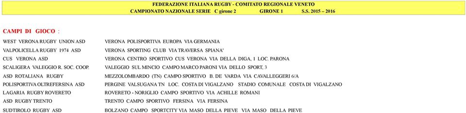 S. 2015 2016 CAMPI DI GIOCO : WEST VERONA RUGBY UNION ASD VERONA POLISPORTIVA EUROPA VIA GERMANIA VALPOLICELLA RUGBY 1974 ASD VERONA SPORTING CLUB VIA TRAVERSA SPIANA' CUS VERONA ASD VERONA CENTRO