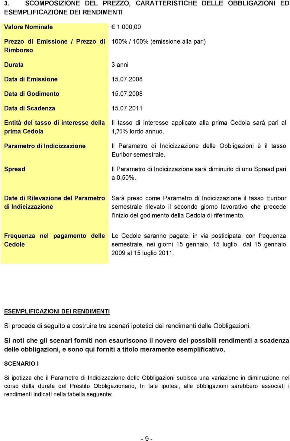 2008 Data di Godimento 15.07.2008 Data di Scadenza 15.07.2011 Entità del tasso di interesse della prima Cedola Parametro di Indicizzazione Spread Il tasso di interesse applicato alla prima Cedola sarà pari al 4,70% lordo annuo.