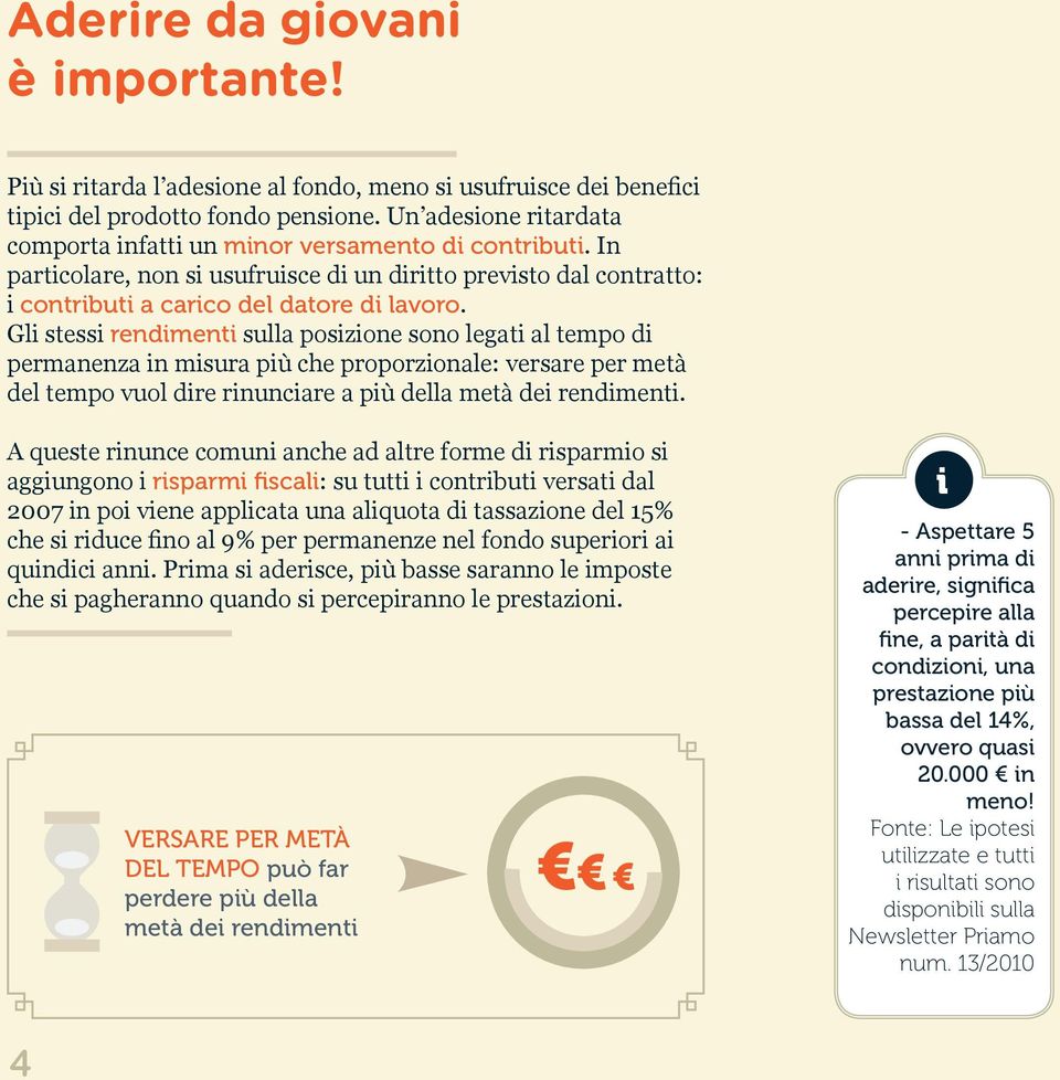 Gli stessi rendimenti sulla posizione sono legati al tempo di permanenza in misura più che proporzionale: versare per metà del tempo vuol dire rinunciare a più della metà dei rendimenti.